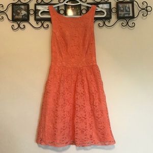 Salmon colored lace, open back, skater dress